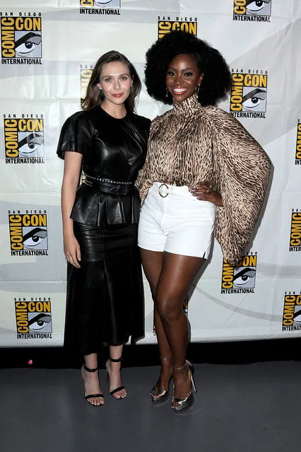 Elizabeth Olsen and Teyonah Parris attend the Marvel Studios Panel during 2019 Comic-Con International at San Diego Convention Center on July 20, 2019 in San Diego, California. (Photo by Albert L. Ortega/Getty Images)