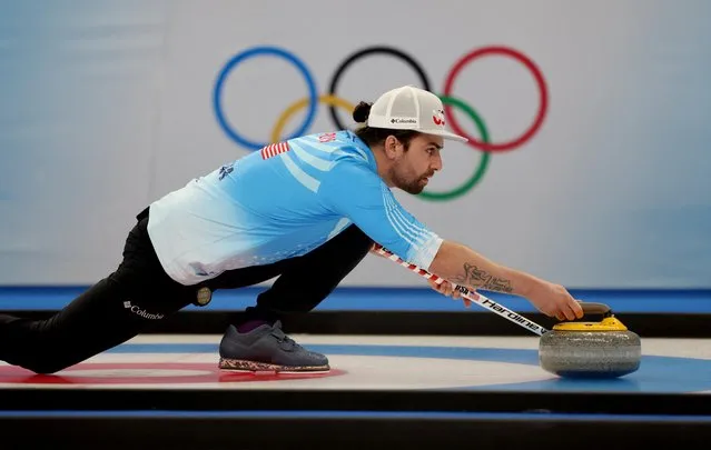 Christopher Plys of the United States in action during the mixed doubles round robin session 8 game of the Beijing 2022 Winter Olympic Games curling competition between China and USA, at the National Aquatics Centre in Beijing on February 5, 2022. (Photo by Evelyn Hockstein/Reuters)