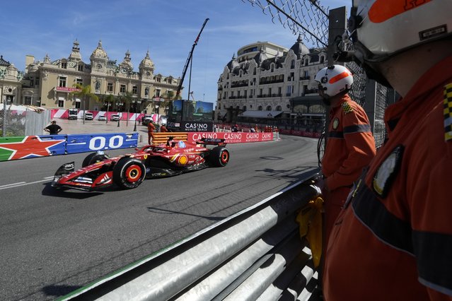 Ferrari driver Charles Leclerc of Monaco steers his car during the Formula One Monaco Grand Prix race at the Monaco racetrack, in Monaco, Sunday, May 26, 2024. (Photo by Luca Bruno/AP Photo)