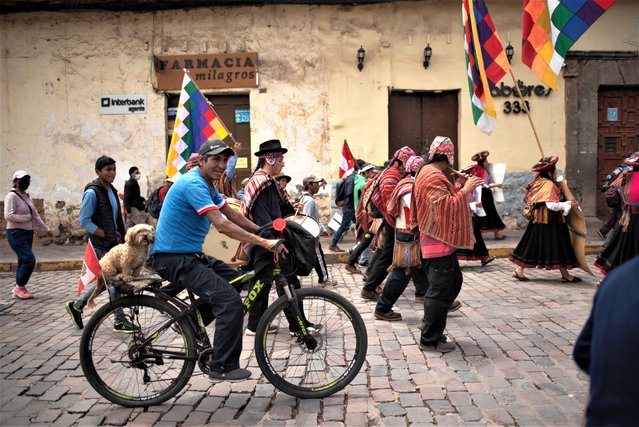 A man carrying a dog on his bicycle rack participates in a protest march against Peruvian President Dina Boluarte in Cusco, Peru, on February 2, 2023. Peru's congress on the eve voted down another bid to advance elections from April 2024 to this year, a move sought by President Dina Boluarte to calm unrest that has left 48 people dead in seven weeks of anti-government protests. (Photo by Hector Adolfo Quintanar Perez/ZUMA Press Wire/Rex Features/Shutterstock)