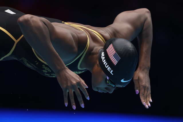 Simone Manuel of the United States competes in the Women's 100m freestyle final on Day Five of the 2024 U.S. Olympic Team Swimming Trials at Lucas Oil Stadium on June 19, 2024 in Indianapolis, Indiana. (Photo by Al Bello/Getty Images)