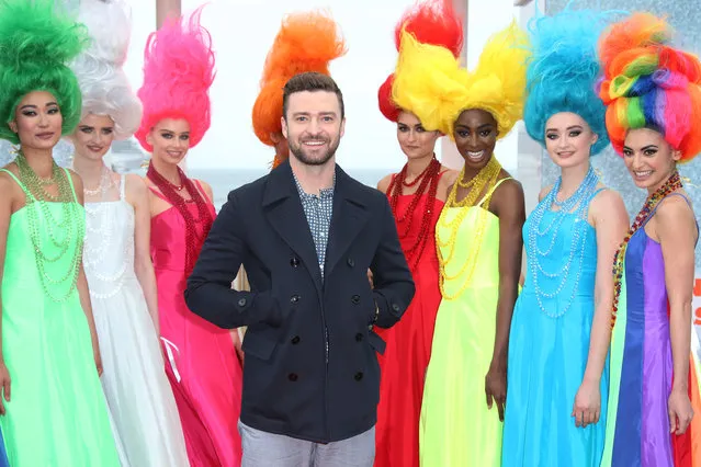 Justin Timberlake poses for photographers during a photo call for the film Trolls at the 69th international film festival, Cannes, southern France, Wednesday, May 11, 2016. (Photo by Joel Ryan/AP Photo)