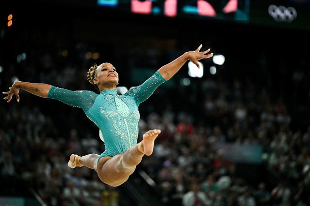 Brazil's Rebeca Andrade competes in the artistic gymnastics women's floor exercise final during the Paris 2024 Olympic Games at the Bercy Arena in Paris, on August 5, 2024. (Photo by Gabriel Bouys/AFP Photo)