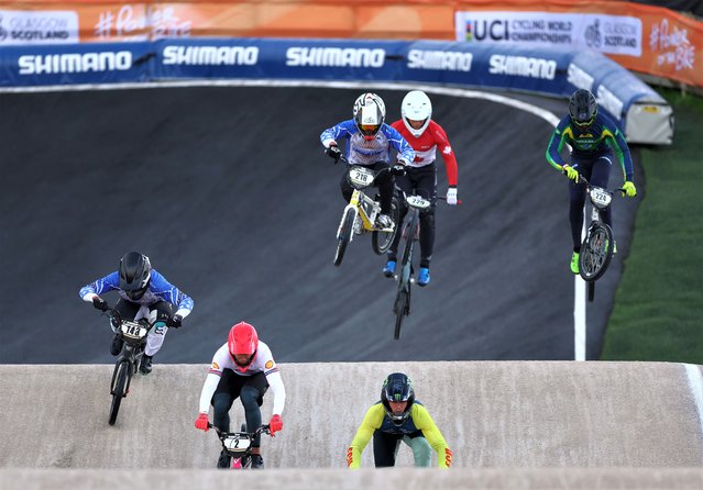 Riders competes in the Men's Elite 1/8 Final BMX Race at the UCI Cycling World Championships 2023 in Glasgow, Britain, 12 August 2023. (Photo by Adam Vaughan/EPA)