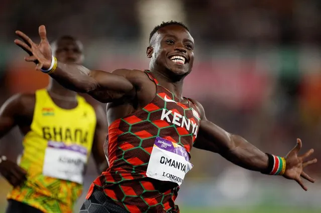 Ferdinand Omanyala of Kenya reacts as he wins the gold medal in the Men's 100m Final during the Athletics competition at Alexander Stadium during the Birmingham 2022 Commonwealth Games on August 3, 2022, in Birmingham, England. (Photo by John Sibley/Reuters)