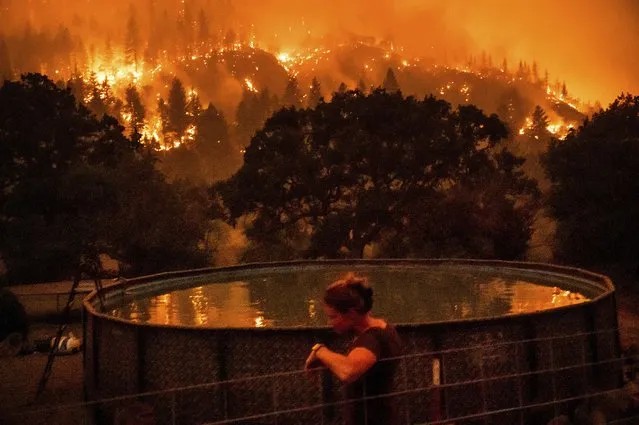 Angela Crawford leans against a fence as a wildfire called the McKinney fire burns a hillside above her home in Klamath National Forest, Calif., on Saturday, July 30, 2022. Crawford and her husband stayed, as other residents evacuated, to defend their home from the fire. (Photo by Noah Berger/AP Photo)