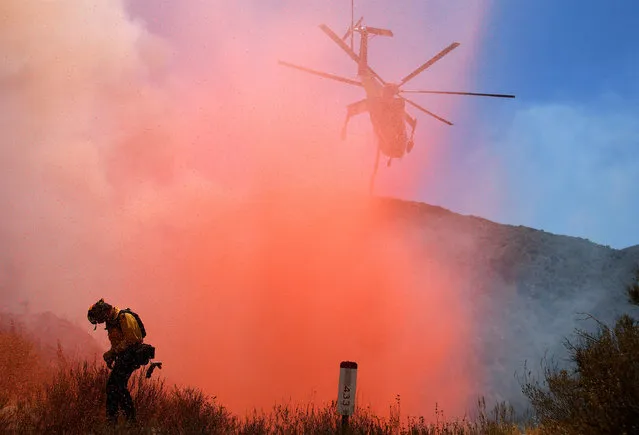 A fire fighter is sprayed with retardant as a helicopter makes a drop as emergency workers continue to battle the so-called Sand Fire in the Angeles National Forest near Los Angeles, California, United States, July 25, 2016. (Photo by Gene Blevins/Reuters)