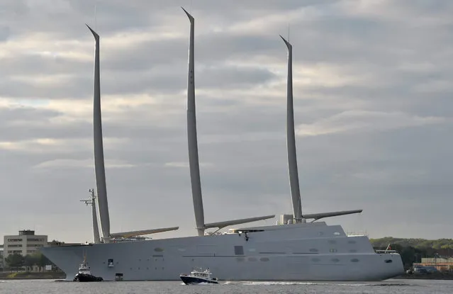 The sailing ship “White Pearl”, described by media as a “Mega sailing yacht”, is prepared for a test voyage in Kiel, norther Germany, early 21 September 2015. The sailing ship with masts of up to 90 meters has been built by the “German Naval Yards” ship builders. According to media reports it is believed that the yacht was ordered and is owned by Russian multi billionaire Andrey Igorevich Melnichenko. (Photo by Carsten Rehder/EPA)