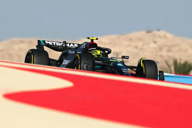 Lewis Hamilton of Great Britain driving the (44) Mercedes AMG Petronas F1 Team W14 on track during practice ahead of the F1 Grand Prix of Bahrain at Bahrain International Circuit on March 03, 2023 in Bahrain, Bahrain. (Photo by Clive Mason/Getty Images)