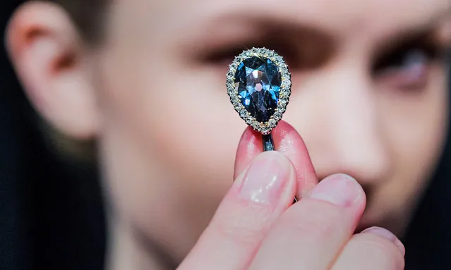 The Farnese Blue, one of the most important historic diamonds left in private hands (est. $3.7-5.3 million) goes on view at Sotheby's on April 6, 2018 in London, England. The 6.16 carat pear-shaped blue diamond which witnessed 300 years of European history and appears on the market for the first time, will be auctioned by Sotheby's in Geneva on 15 May 2018. (Photo by Guy Bell/Rex Features/Shutterstock)