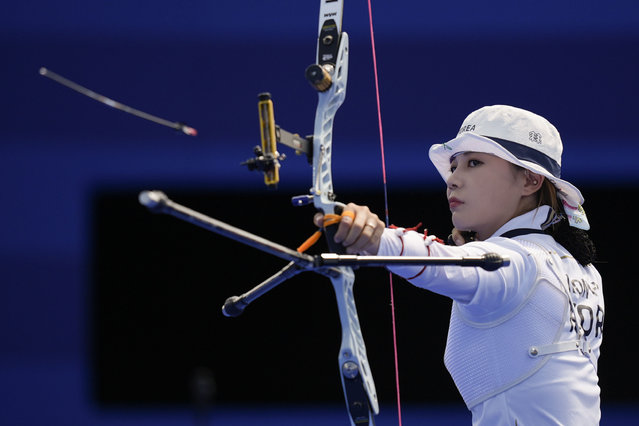 South Korea's Nam Su-hyeon shoots during the women's team quarterfinals competition between at the 2024 Summer Olympics, Sunday, July 28, 2024, in Paris, France. (Photo by Rebecca Blackwell/AP Photo)