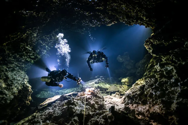 Up & coming category winner and most promising British underwater photographer 2021. Tying In by SJ Alice Bennett (Mexico), taken in Cenote Mayan Blue, Mexico. (Photo by SJ Alice Bennett/Underwater Photographer of the Year 2021)