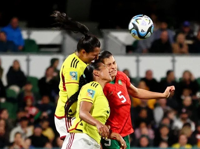 Nesryne El Chad of Morocco competes for the ball against Manuela Vanegas and Daniela Arias of Colombia during the FIFA Women's World Cup Australia & New Zealand 2023 Group H match between Morocco and Colombia at Perth Rectangular Stadium on August 03, 2023 in Perth, Australia. (Photo by Luisa Gonzalez/Reuters)