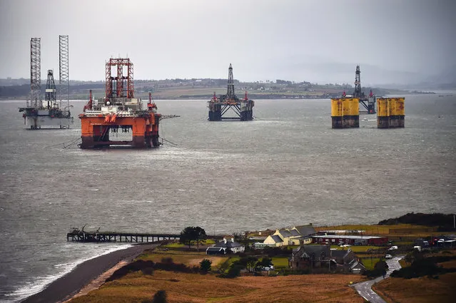 Oil rigs are left in the Cromarty Firth on February 2, 2016 in Invergordon, Scotland. Rig platforms are being stacked up in the Cromarty Firth as oil prices continue to decline having a major impact on the UK's North Sea oil industry leaving thousands of people out of work. (Photo by Jeff J. Mitchell/Getty Images)