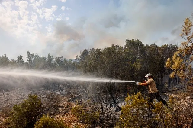 A volunteer tries to extinguish a wildfire near Ikizce, a village in Mugla province, Turkey, August 6, 2021. (Photo by Umit Bektas/Reuters)