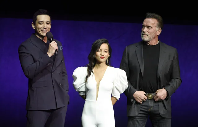 Gabriel Luna, left, Natalia Reyes, center, and Arnold Schwarzenegger, cast members in the upcoming film “Terminator: Dark Fate”, discuss the film during the Paramount Pictures presentation at CinemaCon 2019, the official convention of the National Association of Theatre Owners (NATO) at Caesars Palace, Thursday, April 4, 2019, in Las Vegas. (Photo by Chris Pizzello/Invision/AP Photo)