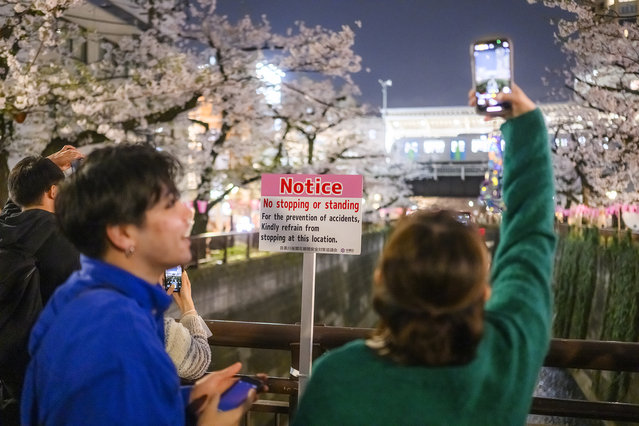 Nakameguro, Tokyo, on April 6 2024. Largely ignored signs urge people to keep moving. (Photo by Irwin Wong for The Washington Post)
