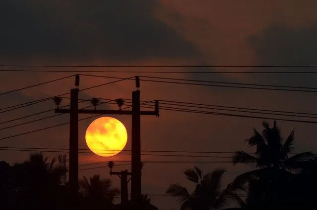 The sun sets behind the electricity wires in Colombo on March 14, 2016. (Photo by Lakruwan Wanniarachchi/AFP Photo)