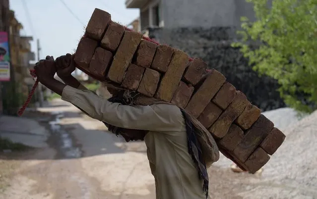 A Pakistani labourer carries bricks on his back at a construction site at a residential area in Islamabad on March 29, 2017. (Photo by Aamir Qureshi/AFP Photo)