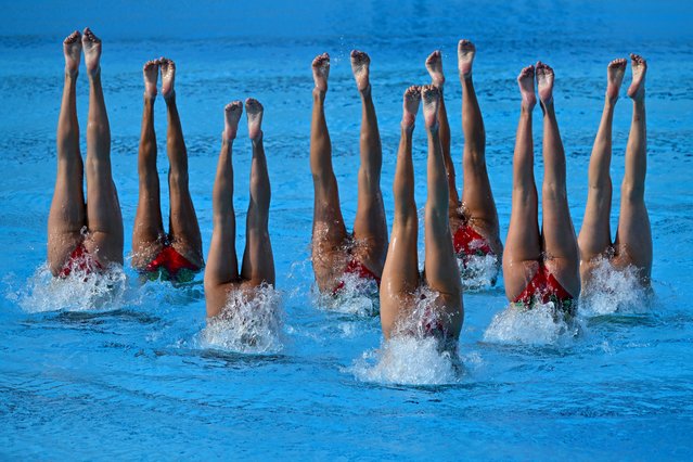 Team Italy competes in the final of artistic swimming team technical event during the LEN European Aquatics Championships, at Milan Gale Muskatirovic sports centre in Belgrade, on June 10, 2024. (Photo by Andrej Isakovic/AFP Photo)