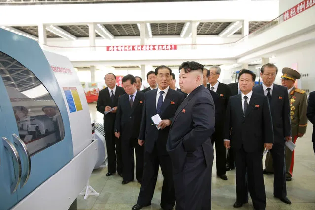 North Korean leader Kim Jong Un visits an exhibition of machinery and equipment manufactured as gifts of loyalty to be presented to the congress, in this undated handout photo provided by KCNA on May 13, 2016. (Photo by Reuters/KCNA)
