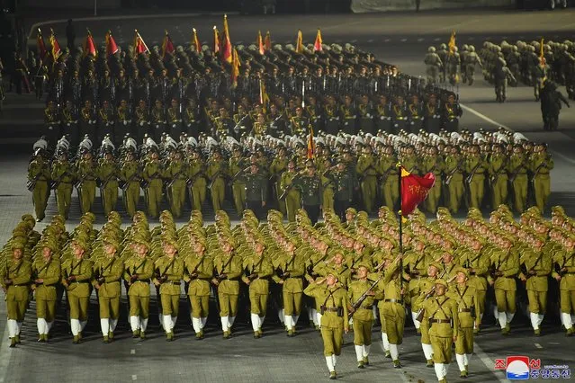 This photo provided by the North Korean government, shows a military parade to mark the 90th anniversary of North Korea's army at the Kim Il Sung Square in Pyongyang, North Korea Monday, April 25, 2022. (Photo by Korean Central News Agency/Korea News Service via AP Photo)