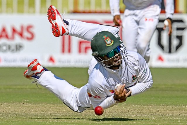 Bangladesh's Zakir Hasan drops a catch during the second day of the second and last Test cricket match between Pakistan and Bangladesh, at the Rawalpindi Cricket Stadium in Rawalpindi on August 31, 2024. (Photo by Aamir Qureshi/AFP Photo)