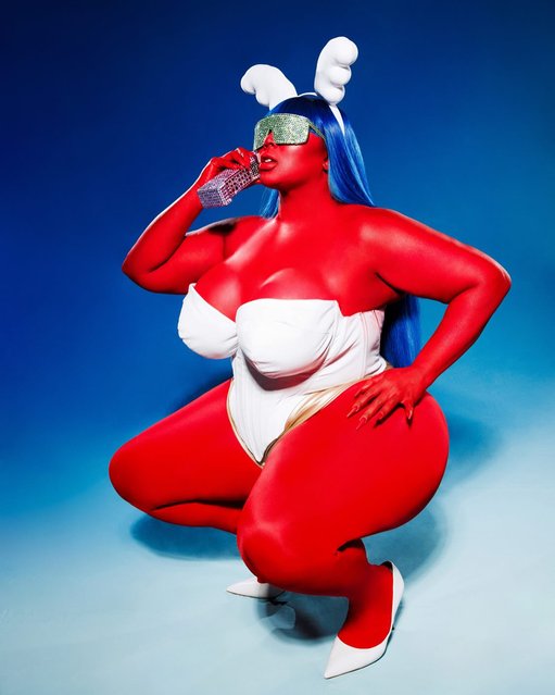 American rapper Lizzo in the last decade of October 2024 is painted in red as she dresses up as a “Hunny Bunny” action figure. (Photo by lizzobeeating/Instagram)