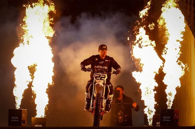 Supercross rider Chad Reed rides into the stadium during media opportunity at Marvel Stadium on July 20, 2022 in Melbourne, Australia. The FIM World Supercross Championship WSX will take place in Melbourne October 21-22 at Marvel Stadium. (Photo by Darrian Traynor/Getty Images)