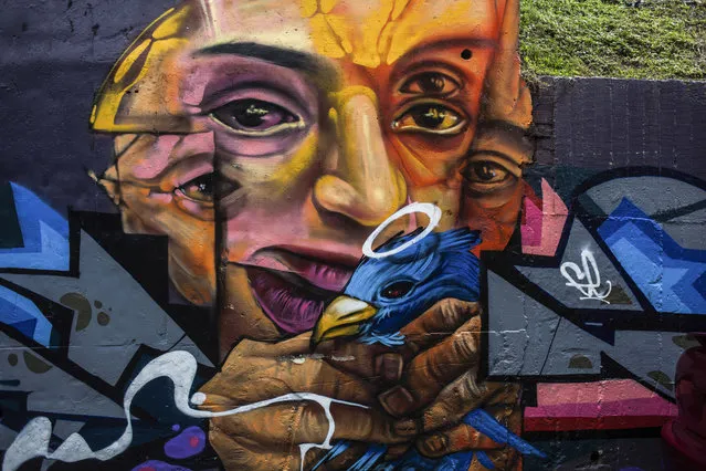 A graffiti, showing a woman with lots of eyes holding a bird, is seen in Medellin, Colombia on November 19, 2017. (Photo by Juancho Torres/Anadolu Agency/Getty Images)
