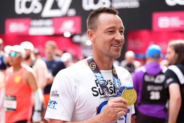 John Terry after crossing the finish line during the TCS London Marathon on Sunday, April 27, 2025. (Photo by John Walton/PA Wire)