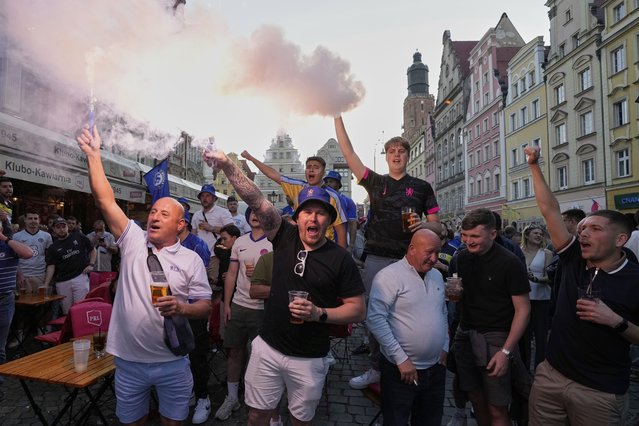 Chelsea fans light up flares ahead of the Europa Conference League final soccer match between Real Betis and Chelsea in Wroclaw, Poland, Tuesday, May 27, 2025. (Photo by Czarek Sokolowski/AP Photo)