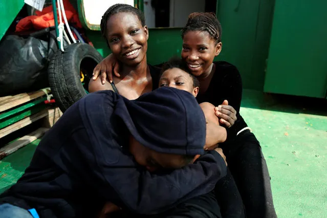 Migrants are seen onboard of Iuventa vessel after they were rescued from an overcrowded dinghy by members of the German NGO Jugend Rettet during an operation, off the Libyan coast in the Mediterranean Sea September 21, 2016. (Photo by Zohra Bensemra/Reuters)