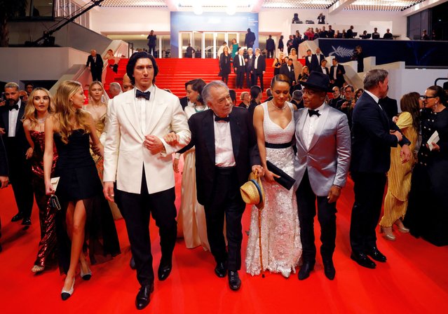 Director Francis Ford Coppola and cast members Nathalie Emmanuel, Chloe Fineman, Grace VanderWaal, Romy Mars, Laurence Fishburne, Giancarlo Esposito, and Adam Driver, leave following the screening of the film “Megalopolis” in competition at the 77th Cannes Film Festival in Cannes, France on May 16, 2024. (Photo by Clodagh Kilcoyne/Reuters)