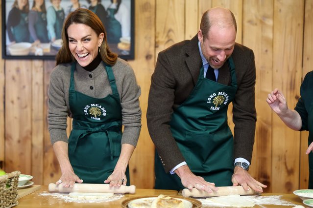 Britain's Prince William and Kate, Princess of Wales make a potato and apple cake during a visit to Long Meadow Cider in Craigavon, Northern Ireland, Tuesday, October 14, 2025. (Photo by Chris Jackson/Pool Photo via AP Photo)