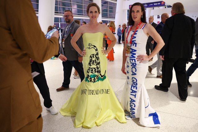 Attendees wear dresses that read “Don't tread on me” and “Make America Great Again” on Day 2 of the Republican National Convention (RNC), at the Fiserv Forum in Milwaukee, Wisconsin on July 16, 2024. (Photo by Andrew Kelly/Reuters)