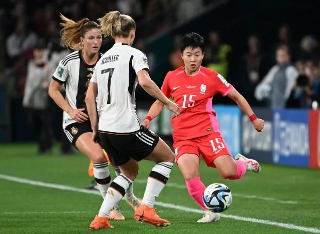South Korea's Chun Ga-ram in action with Germany's Lea Schuller during the FIFA Women's World Cup Australia & New Zealand 2023 Group H match between South Korea and Germany at Brisbane Stadium on August 3, 2023 in Brisbane, Australia. (Photo by Dan Peled/Reuters)