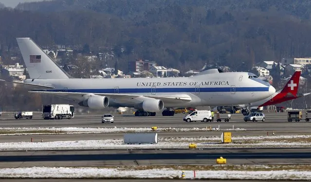 A Boeing 747-200 E4 jet of the U.S. Air Force rolls on a tarmac after its arrival at Zurich Airport, Switzerland January 21, 2016. (Photo by Arnd Wiegmann/Reuters)