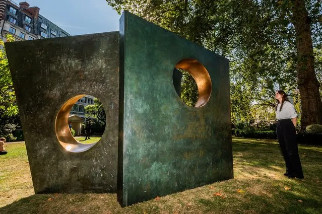 Dame Barbara Hepworth's Three Obliques (Walk In) (estimate: £6,000,000-9,000,000) leads the Modern British and Irish Art Evening Sale on 18 October at Christies, London. The work was conceived in 1969 and cast in a limited edition of only 2 plus an artist's cast. It has been installed in St James's Square and will be on view from 15 September – 18 October. (Photo by Guy Bell/Alamy Live News)