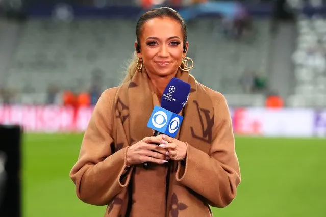 English sports broadcaster Kate Abdo looks on prior to the UEFA Champions League match between Newcastle United FC and Paris Saint-Germain at St. James Park on October 4, 2023 in Newcastle upon Tyne, United Kingdom. (Photo by Ryan Crockett/DeFodi Images via Getty Images)