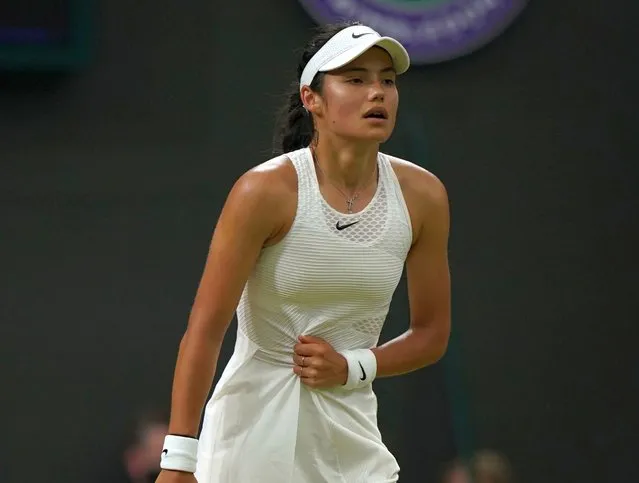 British professional tennis player Emma Raducanu appears to be struggling in the match against Ajla Tomljanovic in their Women's Singles Round of 16 match on day seven of Wimbledon at The All England Lawn Tennis and Croquet Club, Wimbledon on Monday, July 5, 2021. (Photo by Adam Davy/PA Images via Getty Images)
