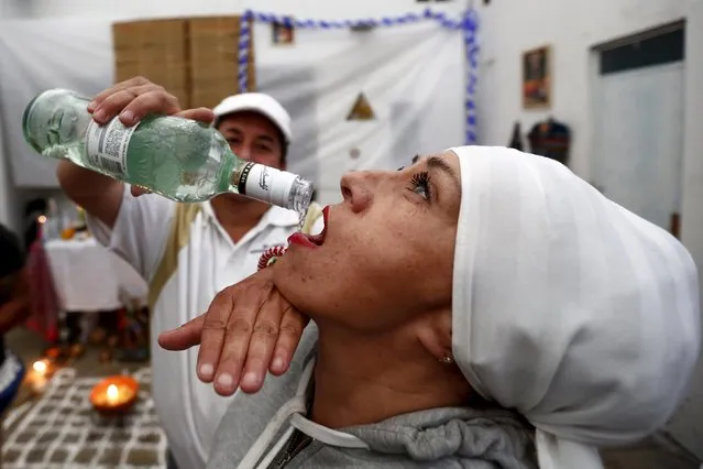 A woman drinks rum during a voodoo ceremony in honor of Kouzen Zaka, also known as St. Isidro, in Mexico City, May 2, 2015. (Photo by Edgard Garrido/Reuters)