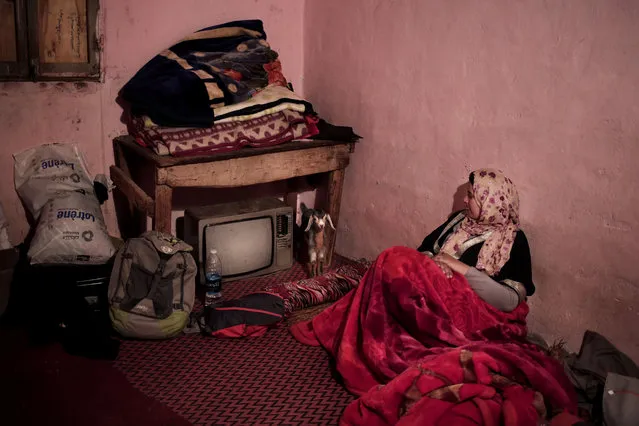 In this March 29, 2019 photo, Zahra looks at Yolanda the baby goat in Umm Yasser's home, in Wadi Sahw, Abu Zenima, in South Sinai, Egypt. (Photo by Nariman El-Mofty/AP Photo)