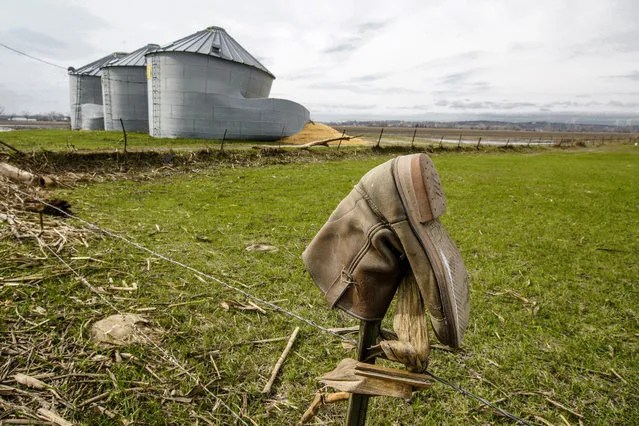 In this Wednesday, April 10, 2019 photo, destroyed grain silos, a result of flooding, spill corn onto a muddy field, are seen on a farm in Bellevue, Neb. Extensive flooding along the Missouri River has led to blistering criticism of the Army Corps of Engineers' management of dams and levees that control conditions along the waterway. A Wednesday, April 17, 2019, field hearing in Glenwood, Iowa, before a U.S. Senate panel likely will be dominated by calls to change the Corps' priorities to put greater emphasis on protecting people and property. (Photo by Nati Harnik/AP Photo)