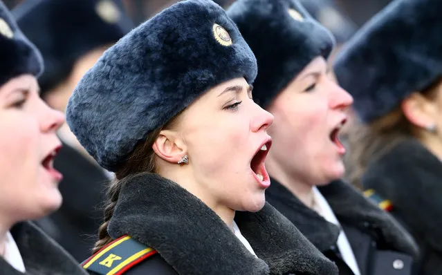 Policewomen march during a parade as they mark the 100th anniversary of the Belarussian Police in Minsk, Belarus March 4, 2017. (Photo by Vasily Fedosenko/Reuters)