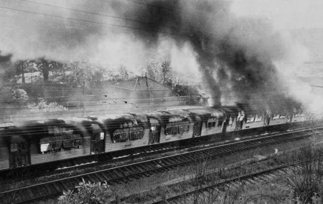 About 5,000 angry commuters, upset when a train arrived two hours late, completely destroyed several train cars in Sao Paulo, Brazil, October 28, 1983. First rocks were hurled, then fire was set to the train cars. The commuters were waiting for the train  to take them from their homes in a poor, working-class neighborhood on the outskirts of town to their jobs downtown. (Photo by AP Photo)