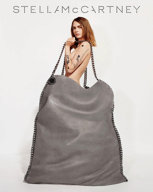 English model and actress Cara Delevingne early May 2024 posed with a giant version of Stella McCartney’s vegan Falabella handbag. (Photo by Stella McCartney)