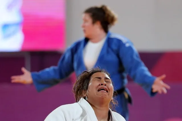 Peru's Yuliana Bolivar reacts after winning a bronze medal women's +78kg judo at the Pan Am Games in Videna, Lima, Peru, August 11, 2019. (Photo by Sergio Moraes/Reuters)