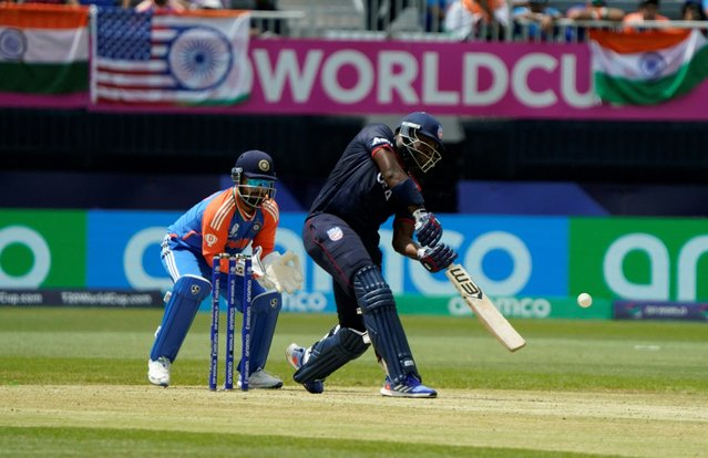 USA's Shayan Jahangir plays a shot during the ICC men's Twenty20 World Cup 2024 group A cricket match between the USA and India at Nassau County International Cricket Stadium in East Meadow, New York on June 12, 2024. (Photo by Timothy A. Clary/AFP Photo)