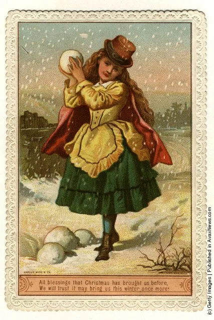 1890: A young girl holds a snowball in this Victorian Christmas greetings card